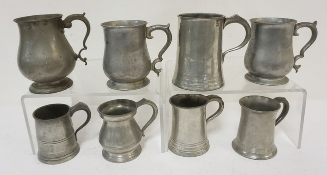 PEWTER MEASURES: GROUP OF PEWTER MEASURES, TALLEST APPROXIMATELY 5 IN H