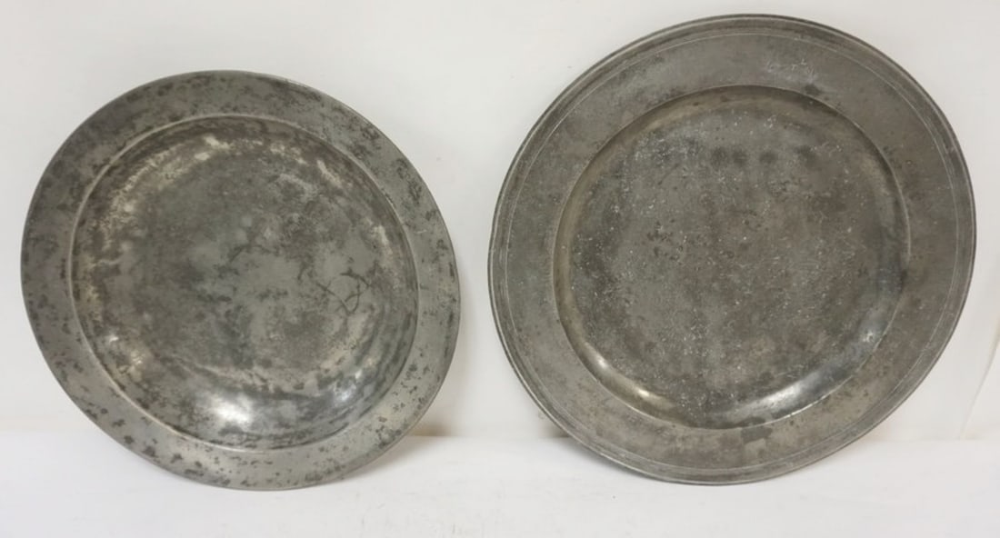 PEWTER CHARGERS: LARGE PEWTER CHARGERS AND BOWL, LARGEST APPROXIMATELY 20 IN