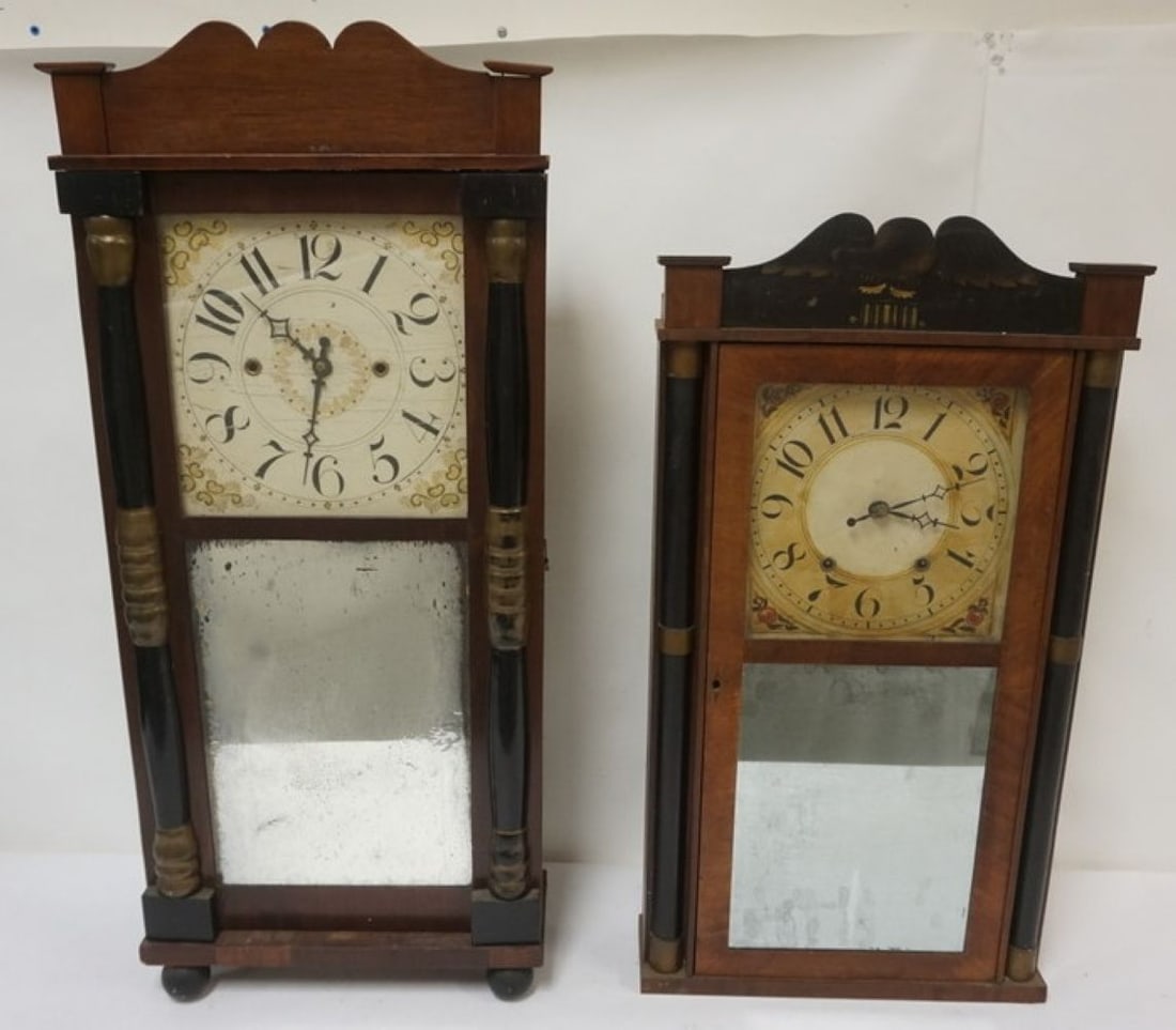 EMPIRE SHELF CLOCKS: EMPIRE OGEE SHELF CLOCKS, ONE WITH LABEL SILAS HOADLEY PLYMOUTH CONN, TALLEST APPROXIMATELY 37 IN HIGH