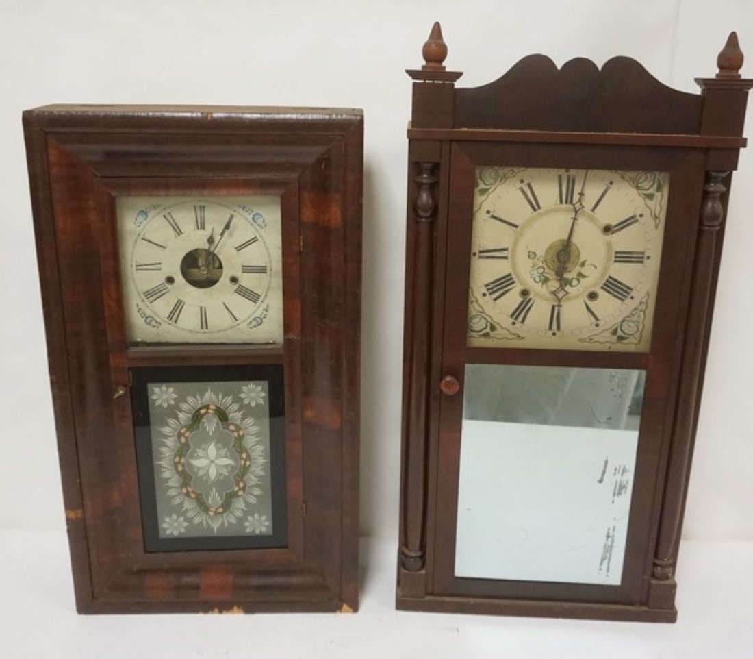 EMPIRE SHELF CLOCKS: EMPIRE SHELF CLOCKS, ONE DANIEL PRATT JR, TALLEST APPROXIMATELY 33 IN HIGH