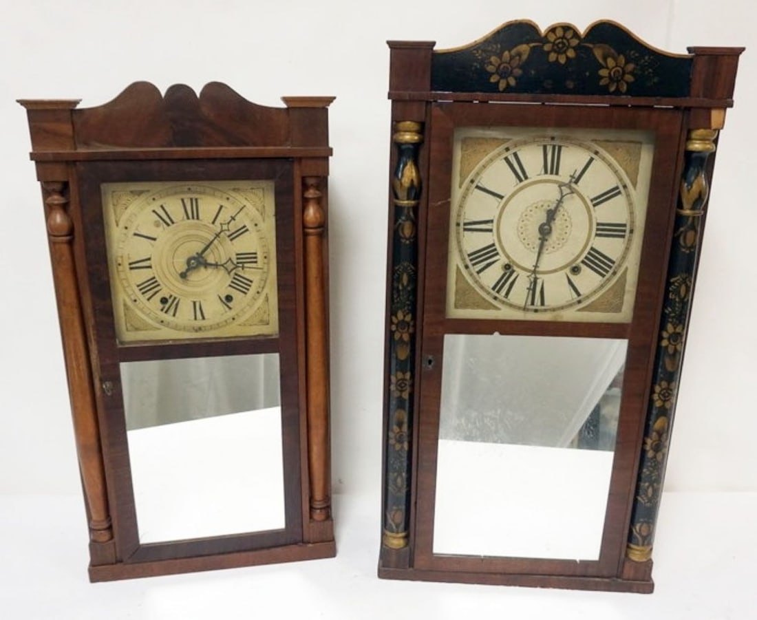 EMPIRE SHELF CLOCKS: EMPIRE SHELF CLOCKS, ELISHA HOTCHKILL, DANIEL PRATT JR, TALLEST APPROXIMATELY 32 IN HIGH