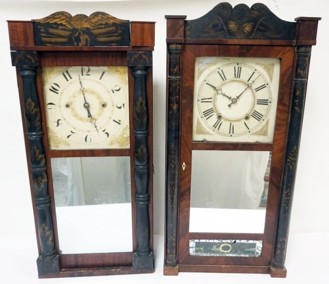 EMPIRE SHELF CLOCKS: EMPIRE SHELF CLOCKS, ONE MARKED GEORGE MITCHELL, BOTH HAVE CRACKED LOWER GLASS,