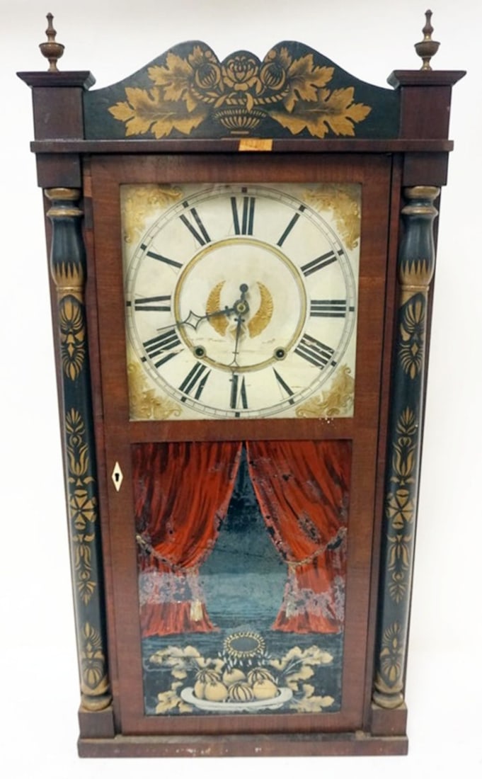 EMPIRE SHELF CLOCK: EMPIRE SHELF CLOCK, C.N. JEROME, CRACKED GLASS, APPROXIMATELY 35 IN H