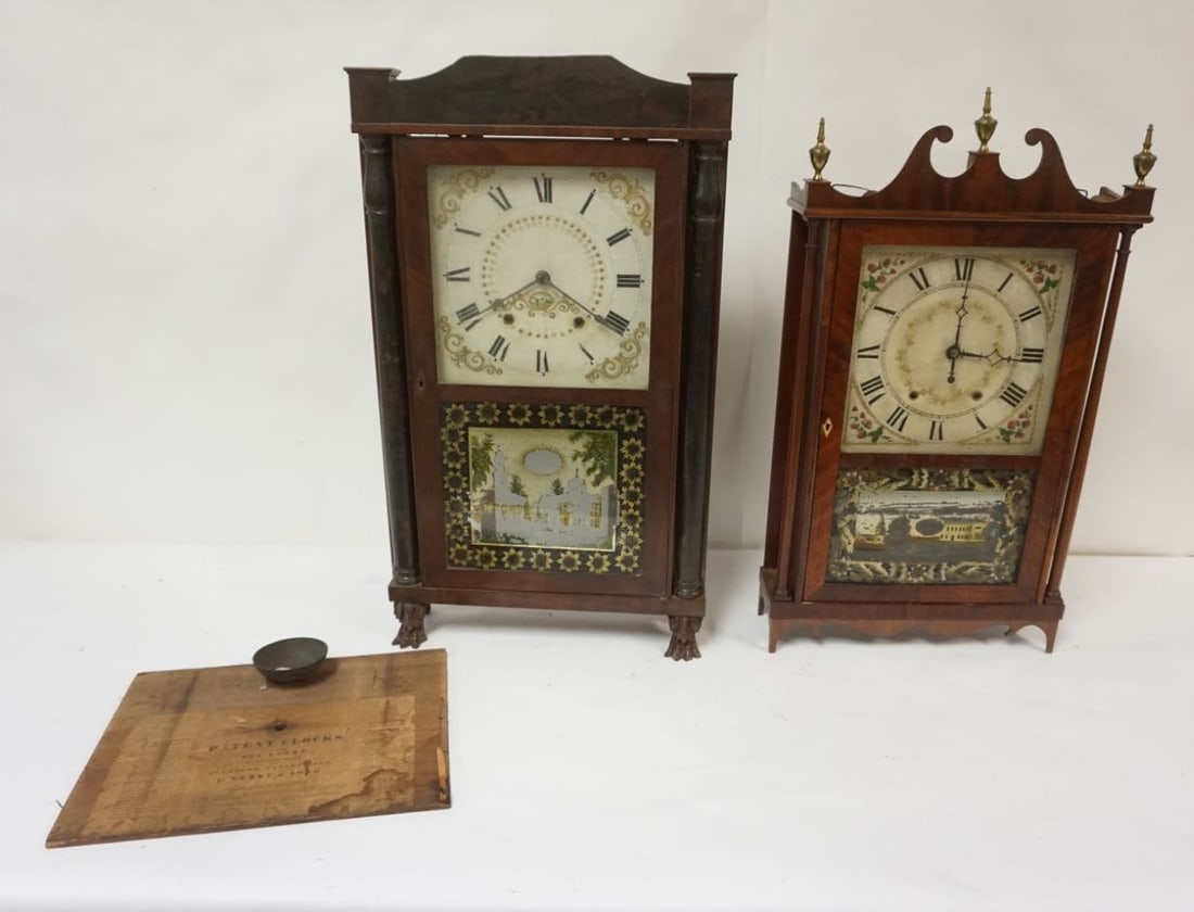 ELI TERRY SHELF AND PILLAR & SCROLL CLOCKS: ELI TERRY SHELF CLOCK AND PILLAR & SCROLL CLOCK, LOSS TO FINISH AND CABINET AND PAINT ON EACH, TALLEST APPROXIMATELY 31 IN