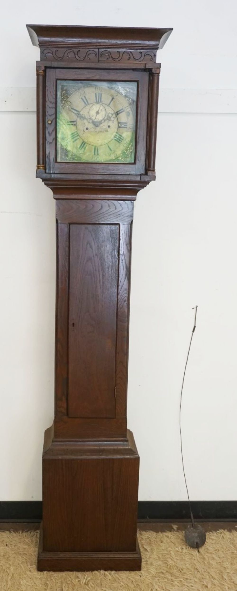 CONTIENTAL GRANDFATHERS CLOCK: BRASS FACE CONTIENTAL GRANDFATHERS CLOCK IN OAK CASE, FACE MARKED CHARLES VAUGHAN, APPROXIMATELY 19 IN X 11 IN X 80 IN