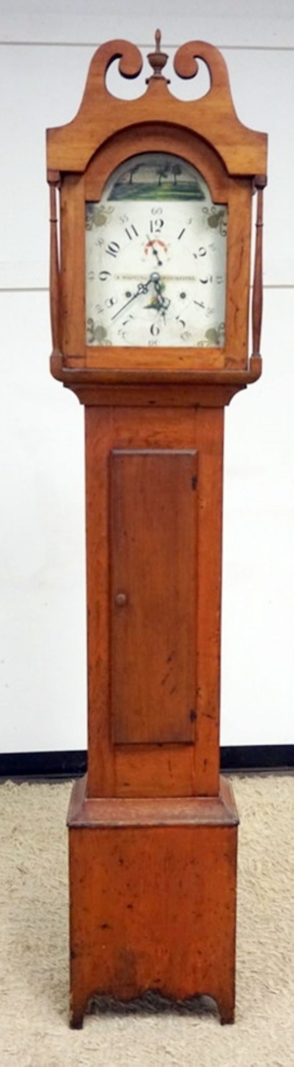 ANTIQUE TALL CASE GRANDFATHER'S CLOCK: ANTIQUE TALL CASE GRANDFATHER'S CLOCK, DIAL MARKED R WHITING WINCHESTER, APPROXIMATELY 18 IN X 11 IN X 87 IN HIGH