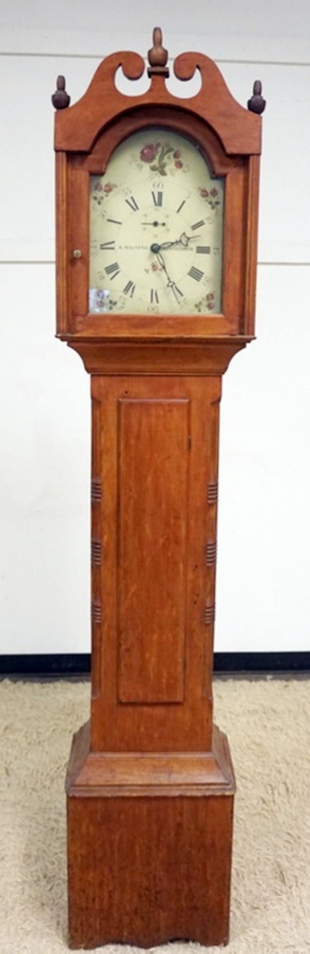 ANTIQUE TALL CASE GRANDFATHER'S CLOCK: ANTIQUE TALL CASE GRANDFATHER'S CLOCK, DIAL MARKED R WHITING WINCHESTER, APPROXIMATELY 18 IN X 10 IN X 87 IN HIGH