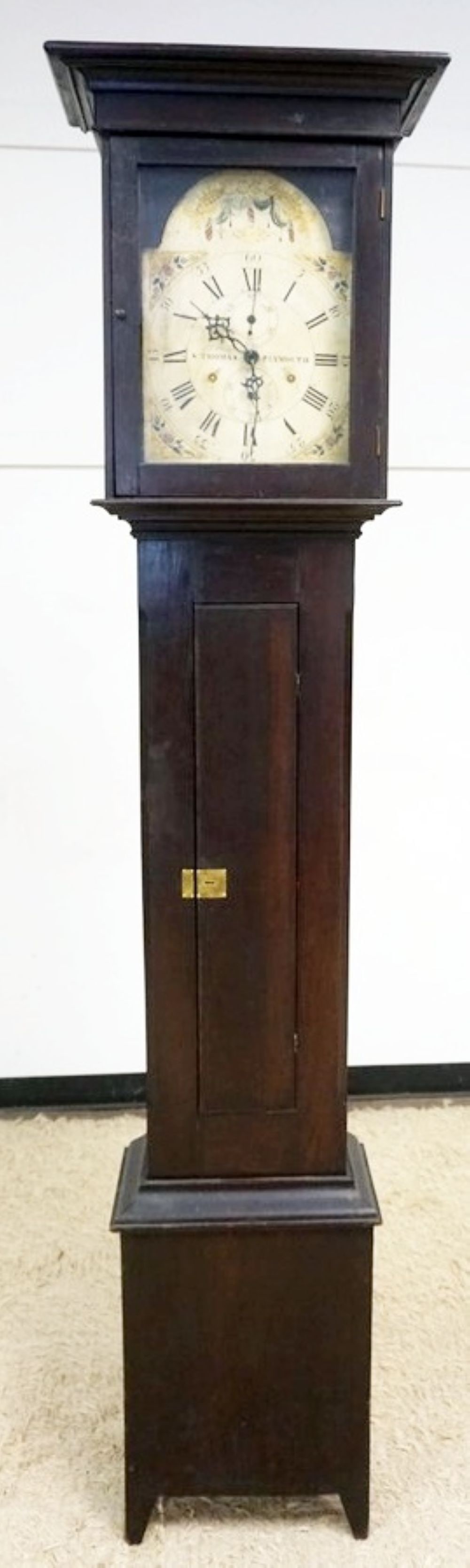 ANTIQUE TALL CASE GRANDFATHER'S CLOCK: ANTIQUE TALL CASE GRANDFATHER'S CLOCK, FACE MARKED S THOMAS PLYMOUTH, APPOXIMATELY 17 IN X 10 IN X 89 IN