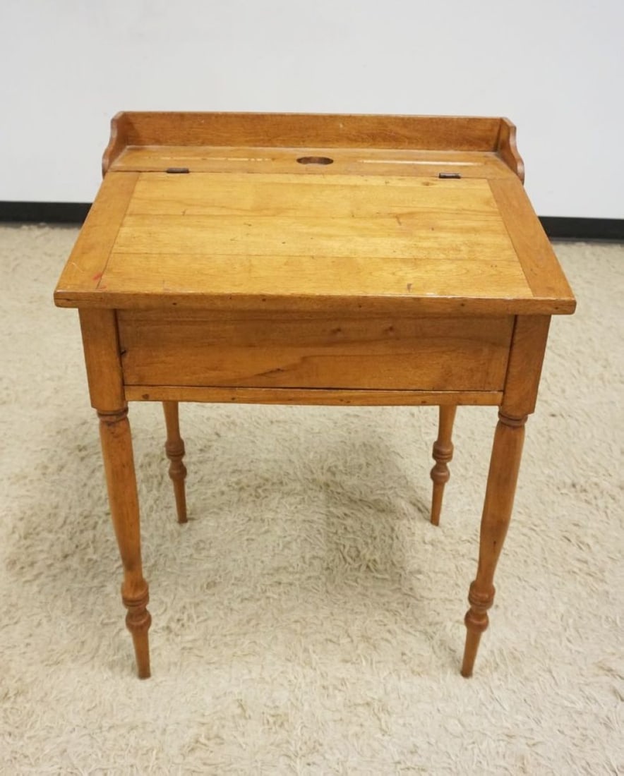 ANTIQUE CHILD'S SLANT TOP SCHOOL DESK: ANTIQUE CHILD'S SLANT TOP SCHOOL DESK W/PENCIL TAPPERY, APPROXIMATELY 20 IN X 25 IN X 33 IN
