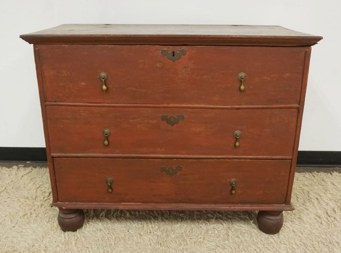 PRIMITIVE ONE DRAWER LIFT TOP MULE CHEST: PRIMITIVE ONE DRAWER LIFT TOP MULE CHEST W/COTTER PIN HINGES AND LOWER DRAWER, APPROXIMATELY 20 IN X 41 IN X 33 IN HIGH