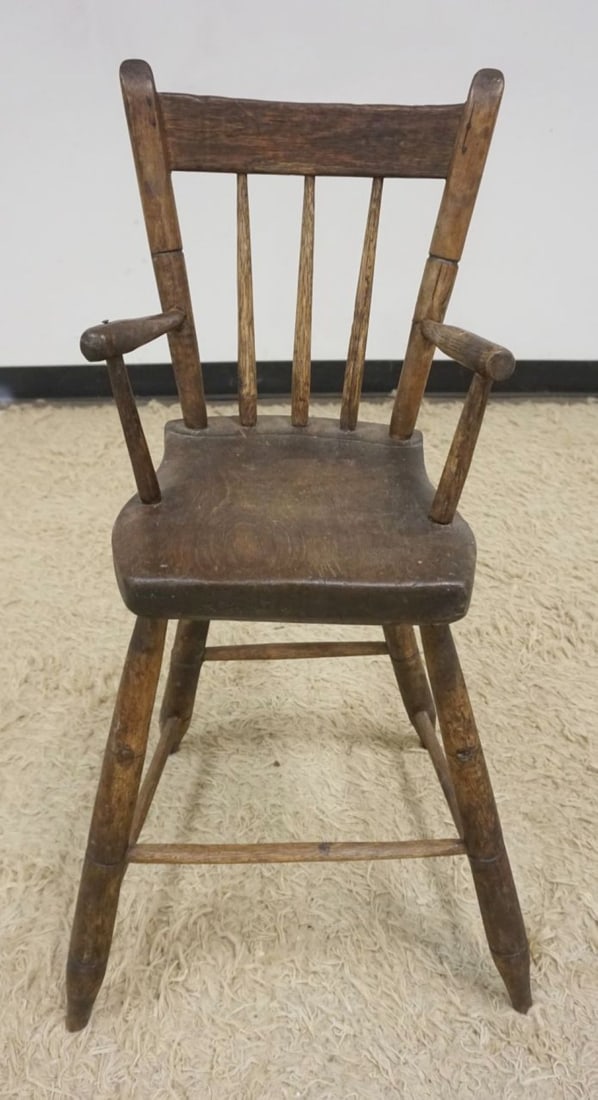 CHILD'S ANTIQUE PLANK BOTTOM HIGH CHAIR: CHILD'S ANTIQUE PLANK BOTTOM BAMBOO TURNED HIGH CHAIR, APPROXIMATELY 11 IN X 12 IN X 32 IN