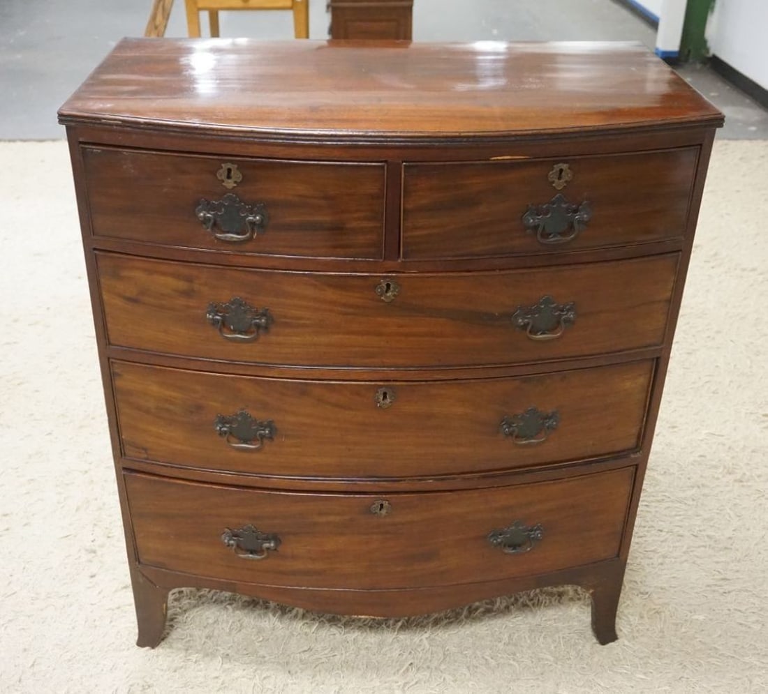 ANTIQUE MAHOGANY 5 DRAWER BOW FRONT CHEST: ANTIQUE MAHOGANY 5 DRAWER BOW FRONT CHEST, APPROXIMATELY 21 IN X 37 IN X 42 IN HIGH