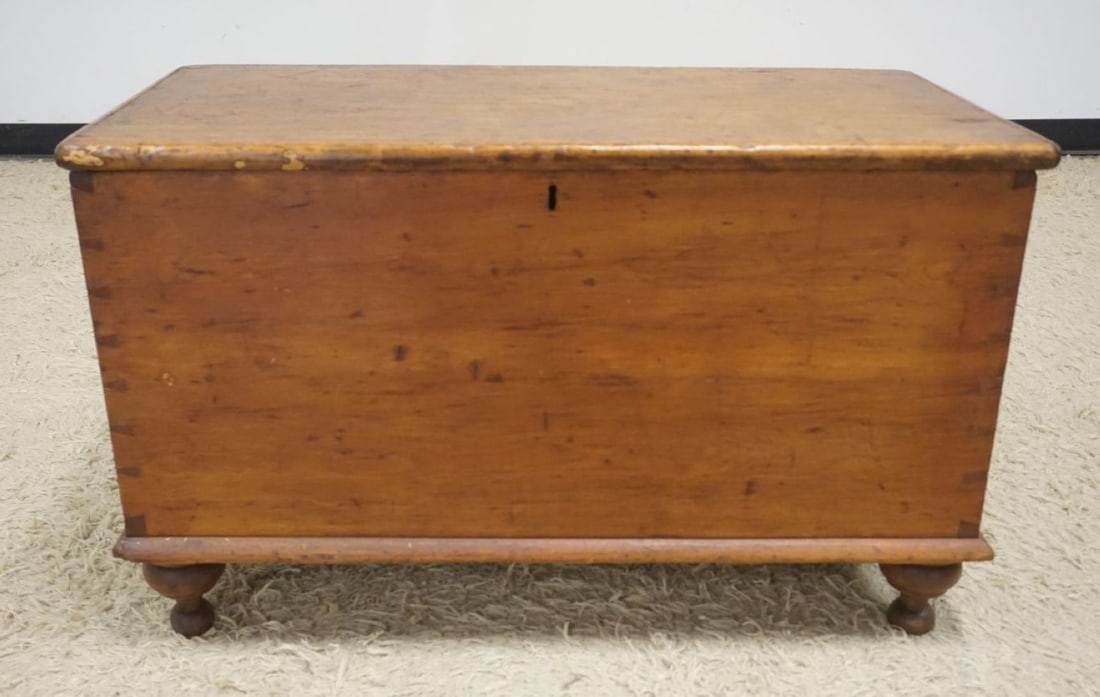 DOVETAILED PINE BLANKET CHEST: DOVETAILED PINE BLANKET CHEST ON TURNED FEET, APPROXIMATELY 18 IN X 37 IN X 23 IN HIGH