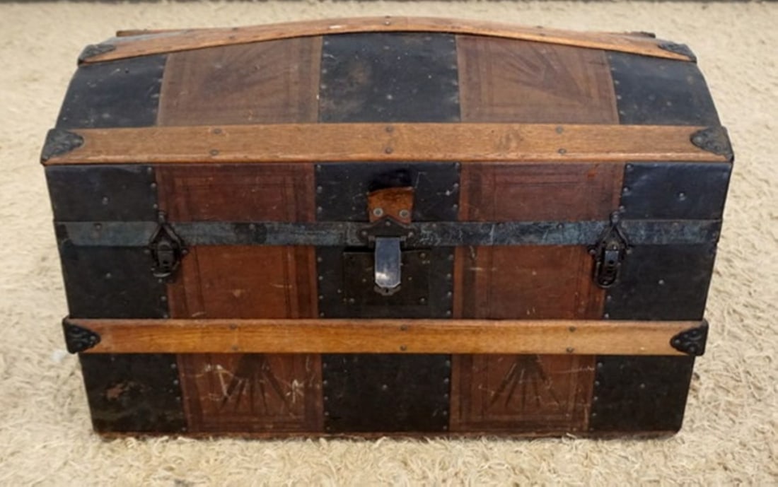 ANTIQUE WOOD AND LEATHER DOME TOP TRUNK (1 of 6)