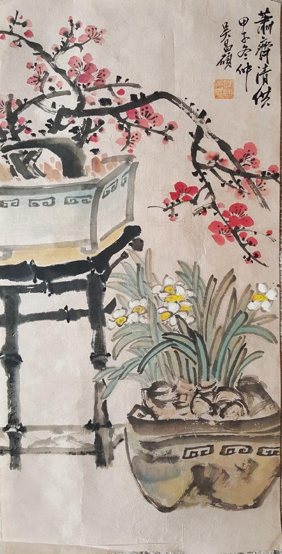 Chinese Painting,Wu Changshuo(1844-1927): Chinese Painting Wu Changshuo(1844-1927)is a famous Chinese painting master.Painting net size:Height 65cm ,Wide 35cm.Good condition,Some traces of the old long-term storage., refer to the many picture