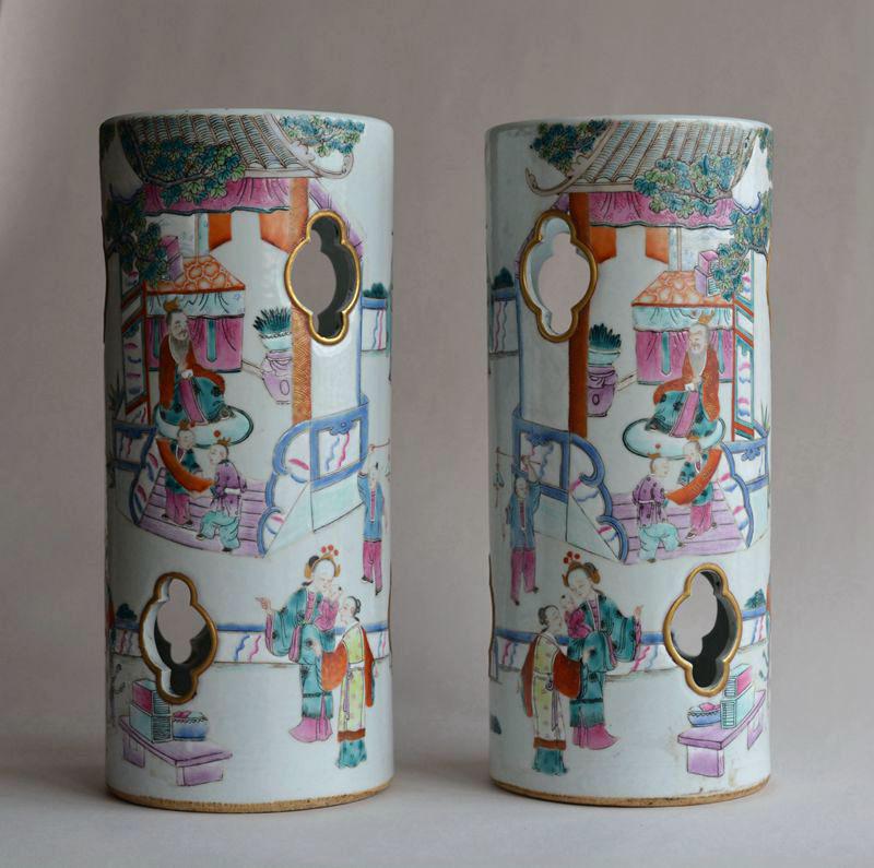 Pair Chinese famille rose porcelain hat stands vases (1 of 12)