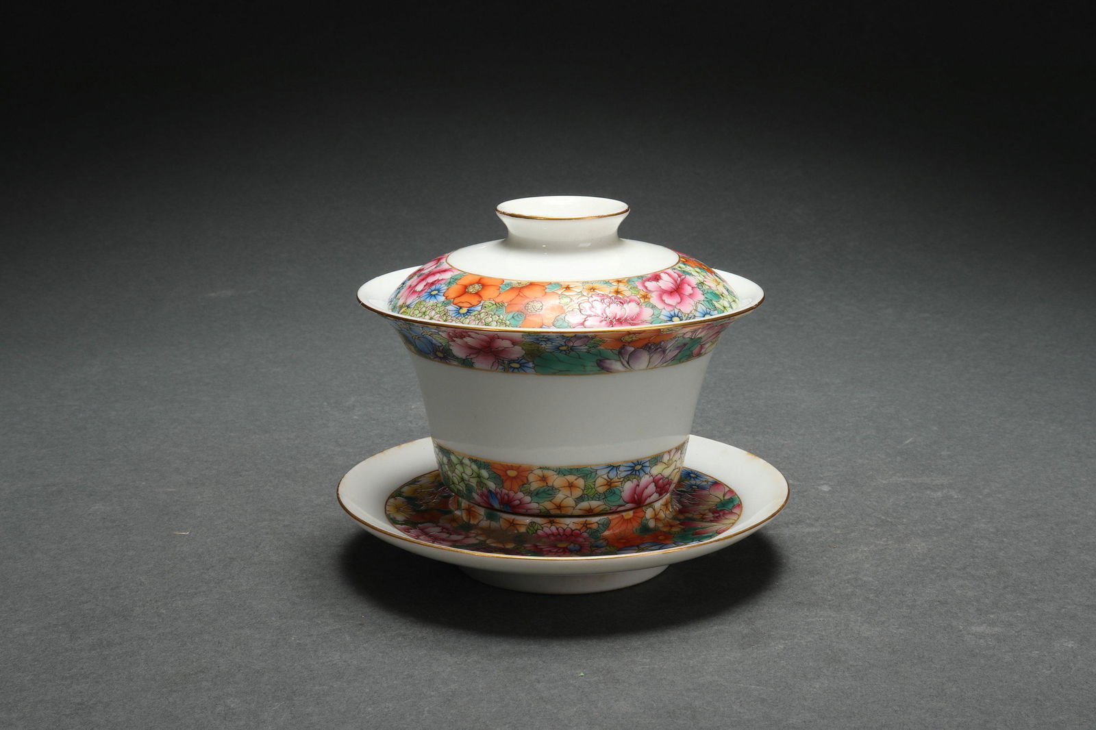 Famille Rose Covered Bowl with Gold Outlining Design, (1 of 6)