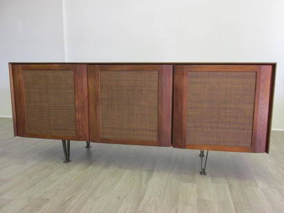 GIO PONTI FOR SINGER & SONS CABINET: MODEL 2184, ITALY C.1950. INTERIOR LABEL. EXCELLENT VINTAGE CONDITION, BRASS FEET MARKED ITALY, SOME INTERIOR WEAR DUE TO USE. 72"W, 20"D, 30"H