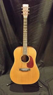 1949 MARTIN D-28 ACOUSTIC GUITAR: RARE TO FIND. NOTABLE PLAYERS OF THIS TYPE GUITAR INCLUDE PAUL MCCARTNEY, JONI MITCHELL, NEIL YOUNG, HANK WILLIAMS, ELVIS PRESLEY. SERIAL #109833. EXCELLENT COMMANDING SOUND. PLAYS GREAT, NO