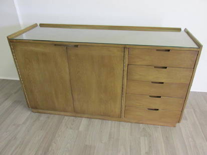 WILLIAM PAHLMANN, HASTINGS SQUARE DRESSER: NO LABELS AFFIXED, GOOD VINTAGE CONDITION, GLASS TOP, 60"W, 19"D, 32"H, VENEER CHIPS IN A FEW PLACES, FULL CONDITION REPORT AVAILABLE UPON REQUEST