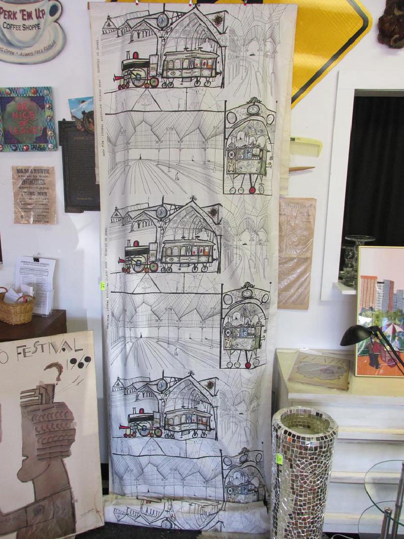 SAUL STEINBERG "TRAINS" YARDAGE FABRIC: 19 YARDS TOTAL, HAND-STAMPED, INCLUDES POSTER AND MAGAZINE. C.1960