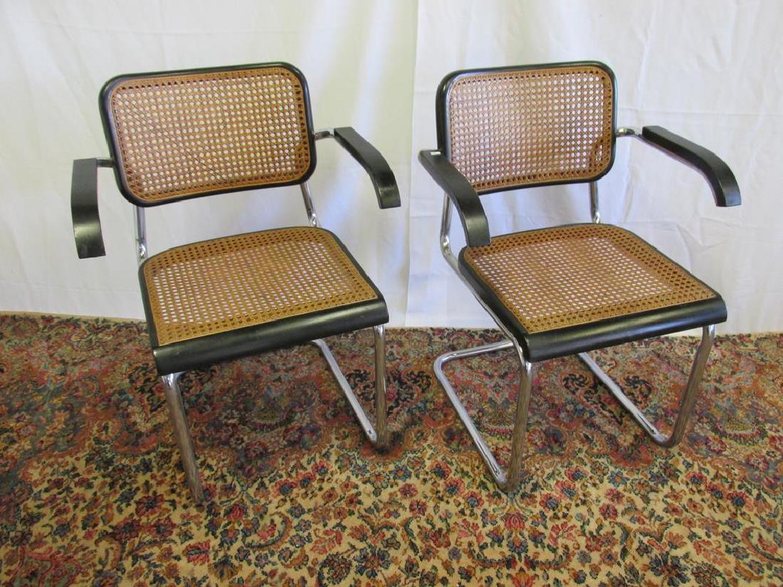 TRIO OF CANTILEVER ARM CHAIRS: IN THE MANNER OF ANTON LORENZ/THONET. SOME WEAR TO UPHOLSTERY
