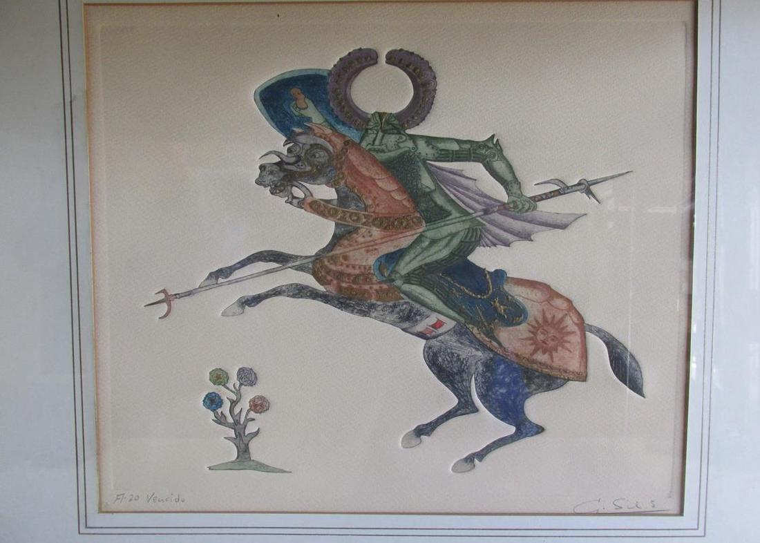 GUILLERMO SILVA SANTAMARIA (1921-2007), "VEUCIDO": COLUMBIAN ARTIST, HAND-COLORED SURREALIST ETCHING, PENCIL SIGNED, 23.5"X24"