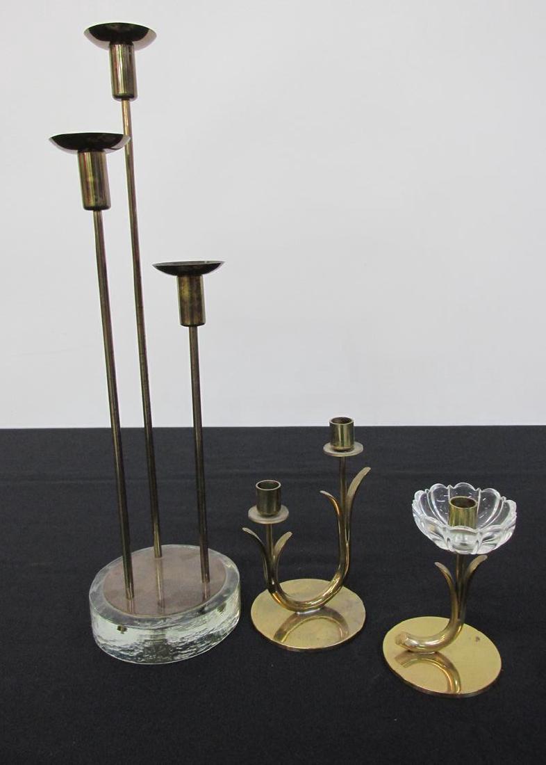 3 GUNNAR ANDER CANDLE HOLDERS: FOR YSTAD METALL/SWEDEN, SOLID BRASS, MARKED, CANDELABRA WITH BLOWN GLASS BASE, SOLID BRASS, MARKED
