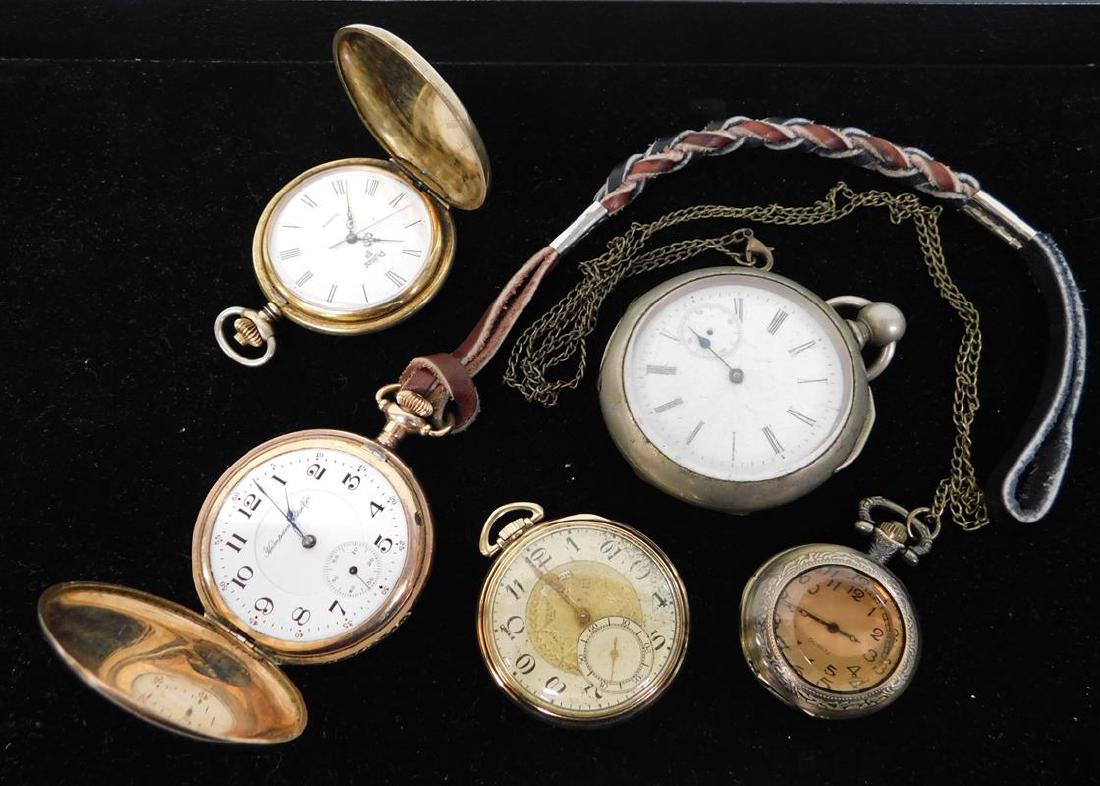 5 ASSORTED POCKETWATCHES: ONE MISSING CRYSTAL, HAMPDEN, ILLINOIS, PULSAR, OTHERS