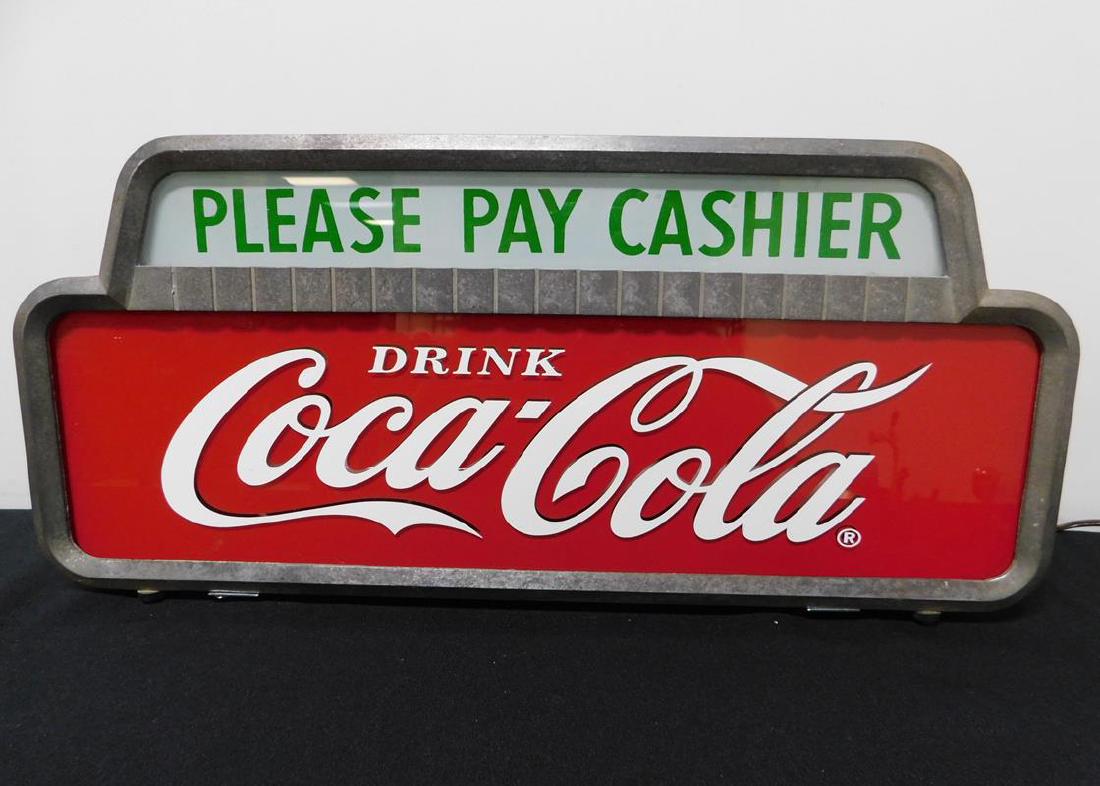 COCA-COLA CASHIER LIT SIGN: "DRINK COCA-COLA" PANEL IS NOT ORIGINAL TO THIS SIGN.