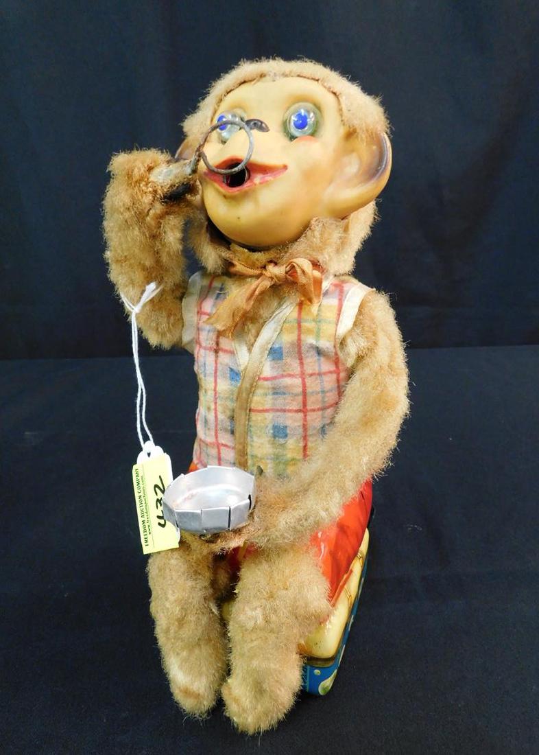 PLUSH, TIN LITHO ANIMATED MONKEY: BATTERY OPERATED, BLOWS BUBBLES, JAPAN