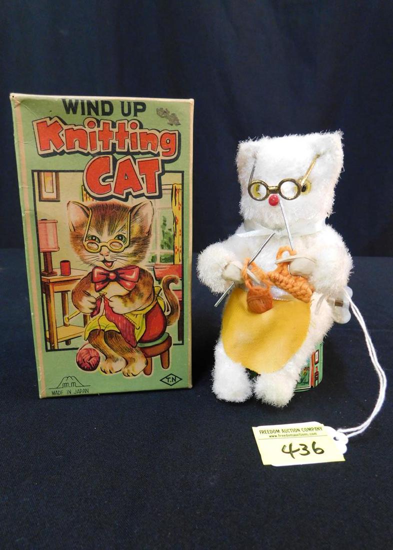 ANIMATED KNITTING CAT TOY: ORIGINAL BOX, JAPAN, PLUSH BODY WITH TIN LITHO BASE