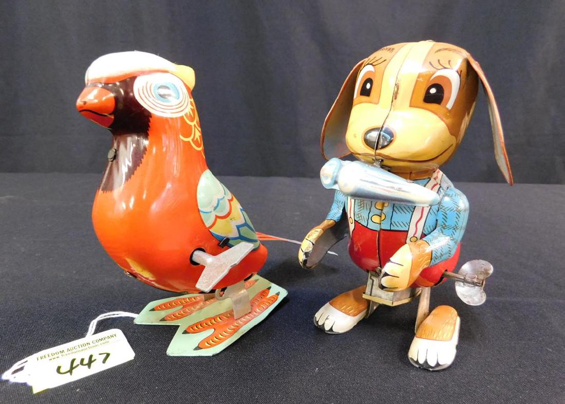 PAIR OF TIN LITHO HOPPING TOYS: WINDING
