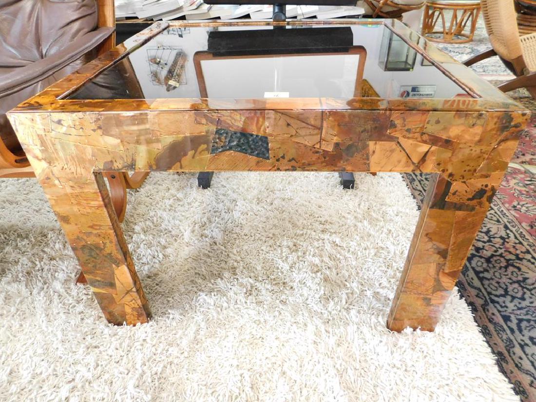 PAUL EVANS STYLE BRUTALIST COFFEE TABLE: COPPER PATCHWORK OVER WOOD, GLASS INSERT. 30"TOP, 21H