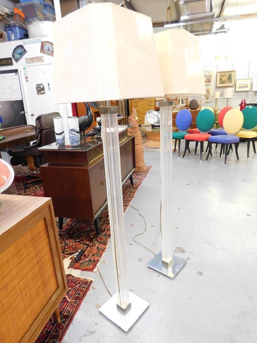 HANSEN LAMPS - NY (ATTR.) LUCITE & CHROME FLOOR LAMP: ORIGINAL SHADES SHOWING WEAR AND CRACKING, LUCITE COLUMNS ARE CRAZE-FREE. OVERALL 60"H