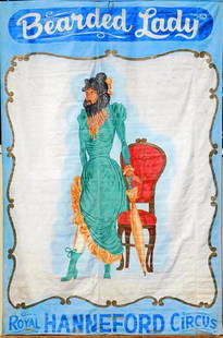 SIDESHOW ATTRACTION BANNER - BEARDED LADY: ROYAL HANNEFORD CIRCUS CANVAS BANNER, 2-SIDED. 11'6"X8'