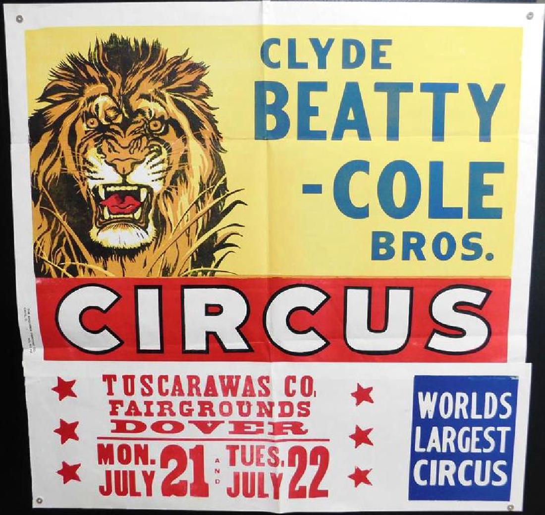 CLYDE BEATTY - COLE BROS. CIRCUS POSTER: WITH DATE TAG, ENQUIRER HALF-SHEET. FOLDS