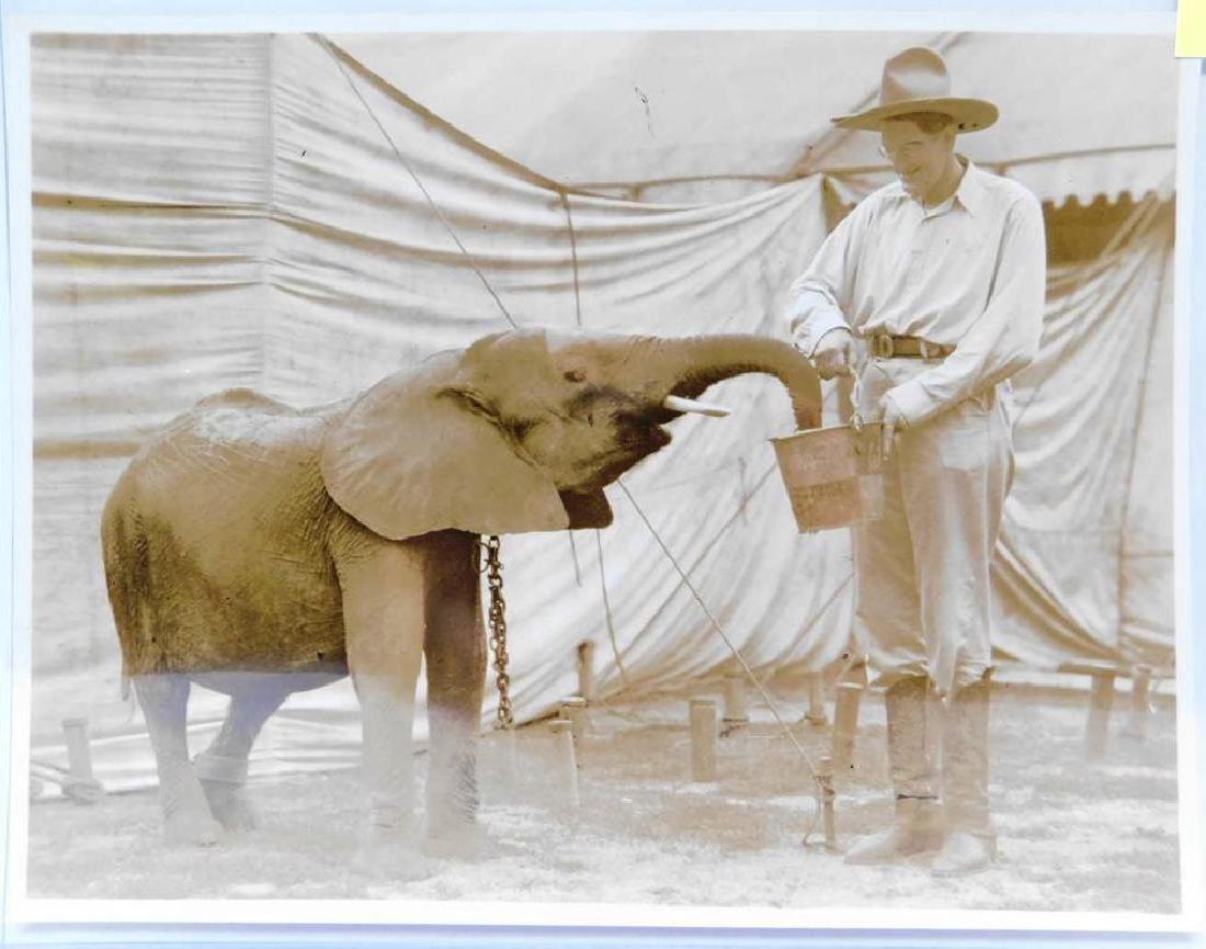 H.A. ATWELL (AMERICAN, 1879-1957) PHOTOGRAPH: FEATURING JACK EARLE, R.B.B.B. SIDESHOW GIANT, WITH ELEPHANT. H.A. ATWELL RUBBER/INK STAMP ON VERSO. 1/2" TEAR IN RIGHT HAND MARGIN. OVERALL GOOD CONDITION. 8"X10"
