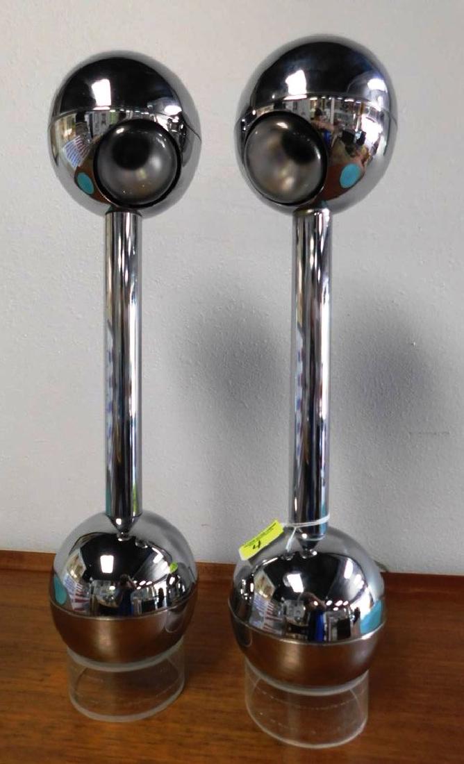 PAIR OF JOHN MASCHERONI FOR KOVACS "BARBELL" LAMPS: CHROME LAMPS ON ACRYLIC CYLINDER BASES. GRAVITY OPERATED ON/OFF BY TILTING ON BASE. EXCELLENT VINTAGE CONDITION. A COUPLE OF MINOR DINGS IN HOUSING BUT DOES NOT DETRACT FROM LOOKS. HEIGHT IS 21"