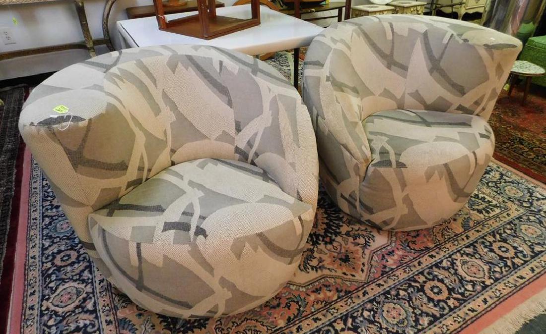 VLADIMIR KAGAN FOR DIRECTIONAL NAUTILUS CHAIRS: SWIVEL WITH RETURNS, DIRECTIONAL LABEL. SOME WEAR-THROUGH AND STAINING TO UPHOLSTERY