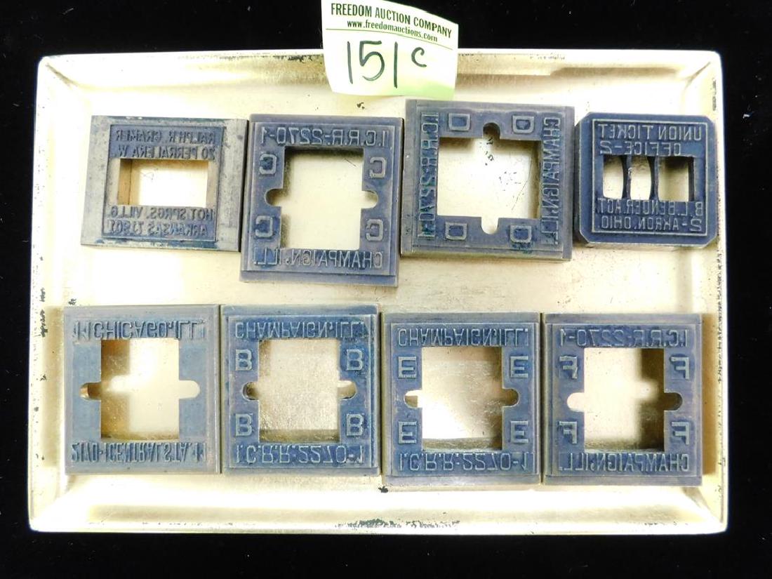 8 RAILROAD TICKET AGENT DATE STAMP DIES: AKRON, CHAMPAIGN (5), HOT SPRINGS, CHICAGO,
