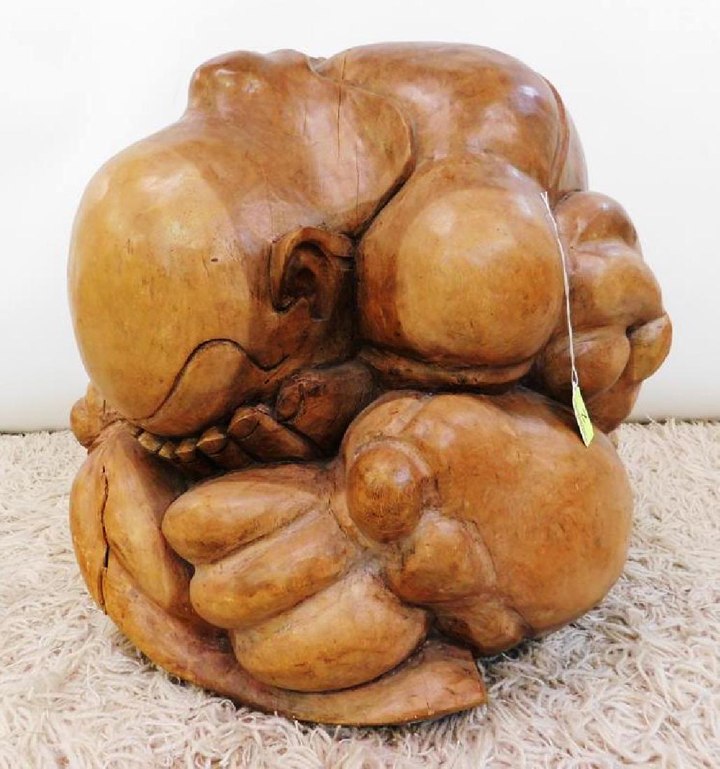 IMPRESSIVE WEEPING BUDDHA FLOOR SCUlPTURE: HEAVY CARVED. NATURAL SPLITTING IN SOME AREAS OF WOOD.