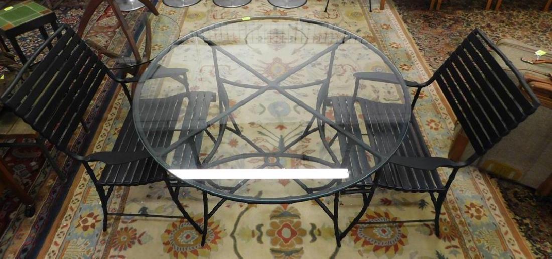 ALUMINUM FAUX BAMBOO PATIO TABLE AND TWO CHAIRS: SEE TITLE