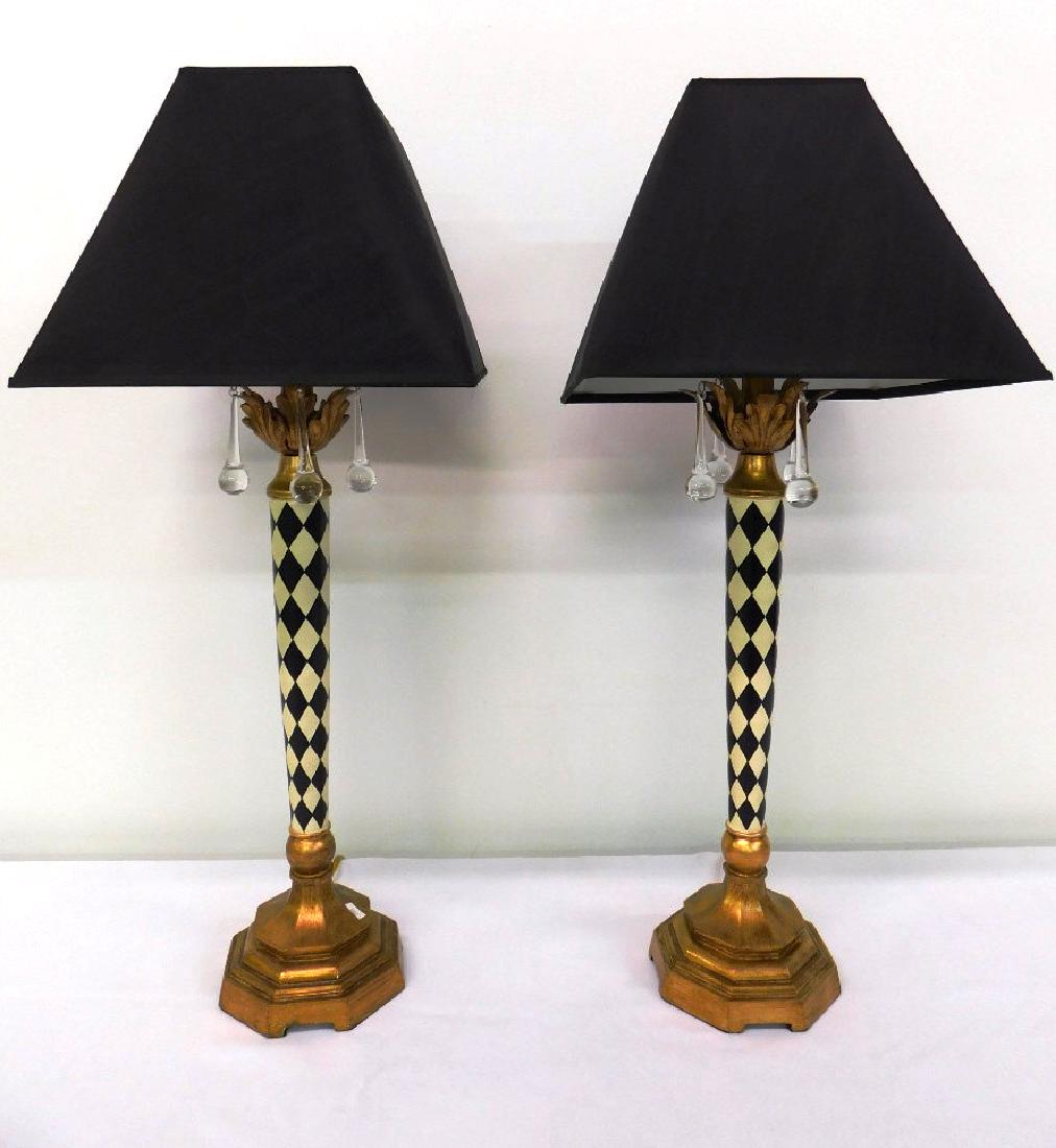 BERMAN GILT TABLE LAMPS: HARLEQUIN PATTERN STEM WITH 4 GLASS TEAR DROP EMBELLISHMENTS. 29" OVERALL