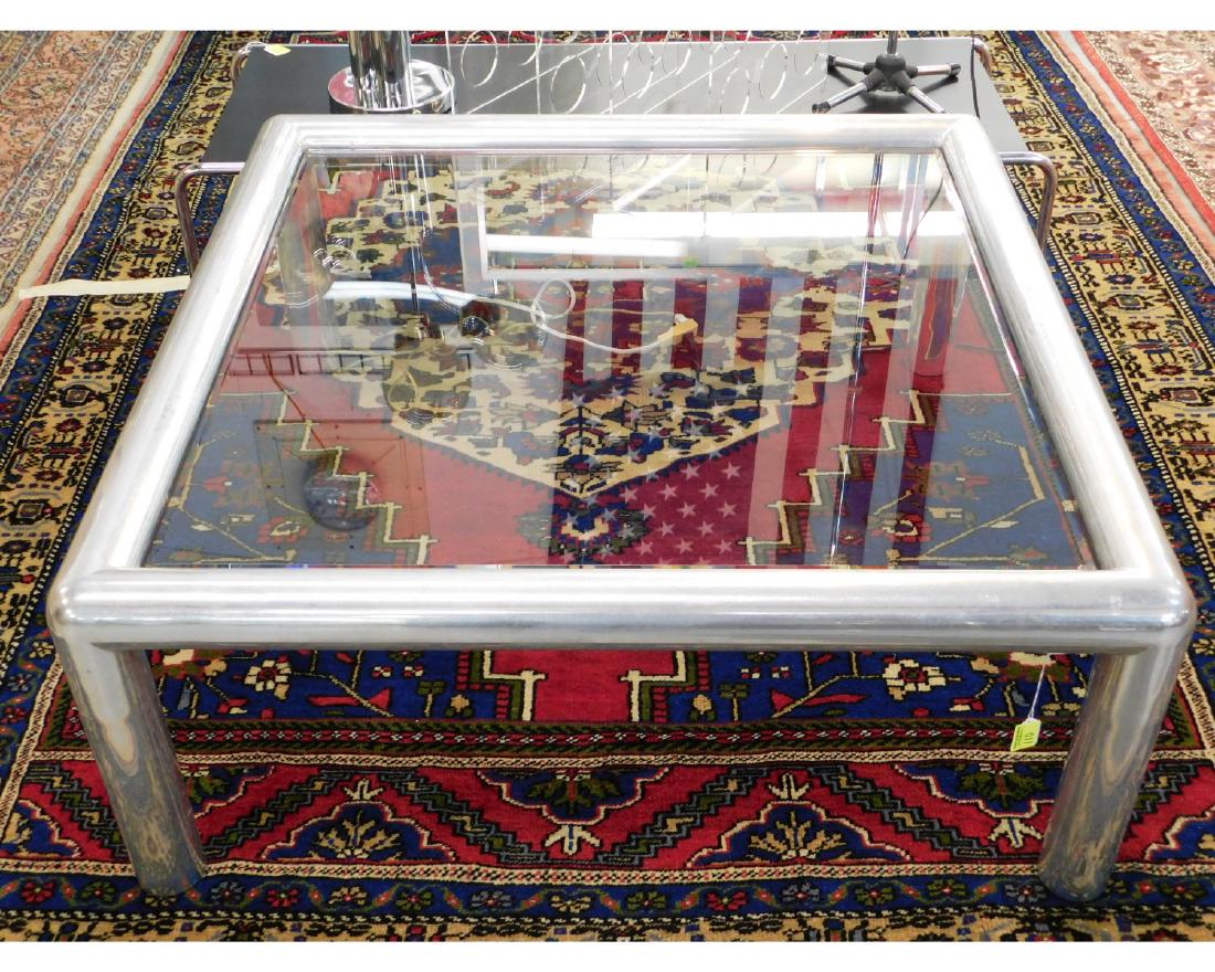 JOHN MASCHERONI ALUMINUM/GLASS TUBULAR COFFEE TABLE: 42" TOP, 17"H