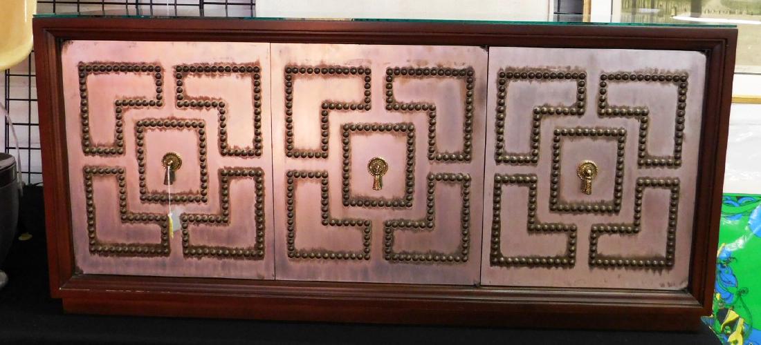 STUNNING PARZINGER-STYLE BRASS STUDDED PETITE CREDENZA: 48"W, 16"D, 22"H