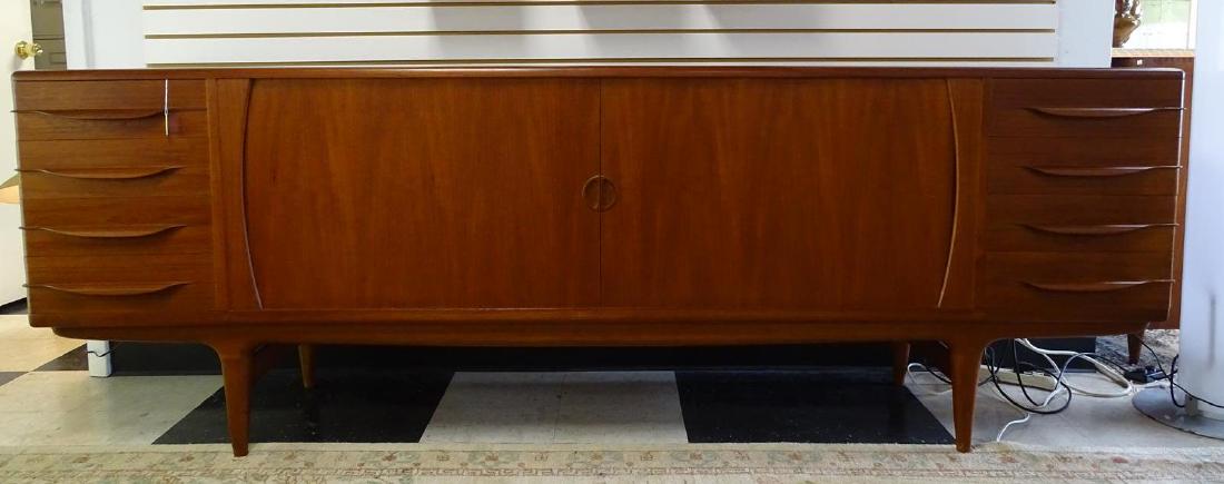 JOHANNES ANDERSEN FOR ULDUM MOBELFABRIK CREDENZA: STUNNING TEAK TAMBOUR DOOR CREDENZA. 94.5"W, 19.75"D, 33.25"H
