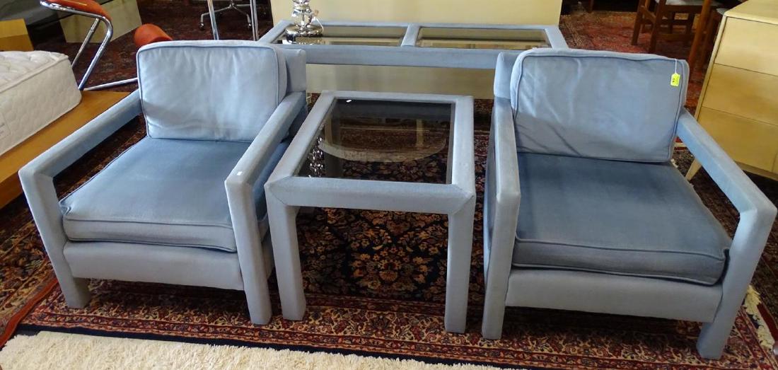 4 PC. MILO BAUGHMAN CHAIRS AND TABLES: INCLUDES OPEN ARM CLUB CHAIRS, CONSOLE AND SIDE TABLE. CHAIRS ARE 28"W, 30"D, 15"SEAT, 28"BACK. CONSOLE IS 52"W, 19"D, 27"H. SIDE TABLE IS 24"W, 30"D, 21"H