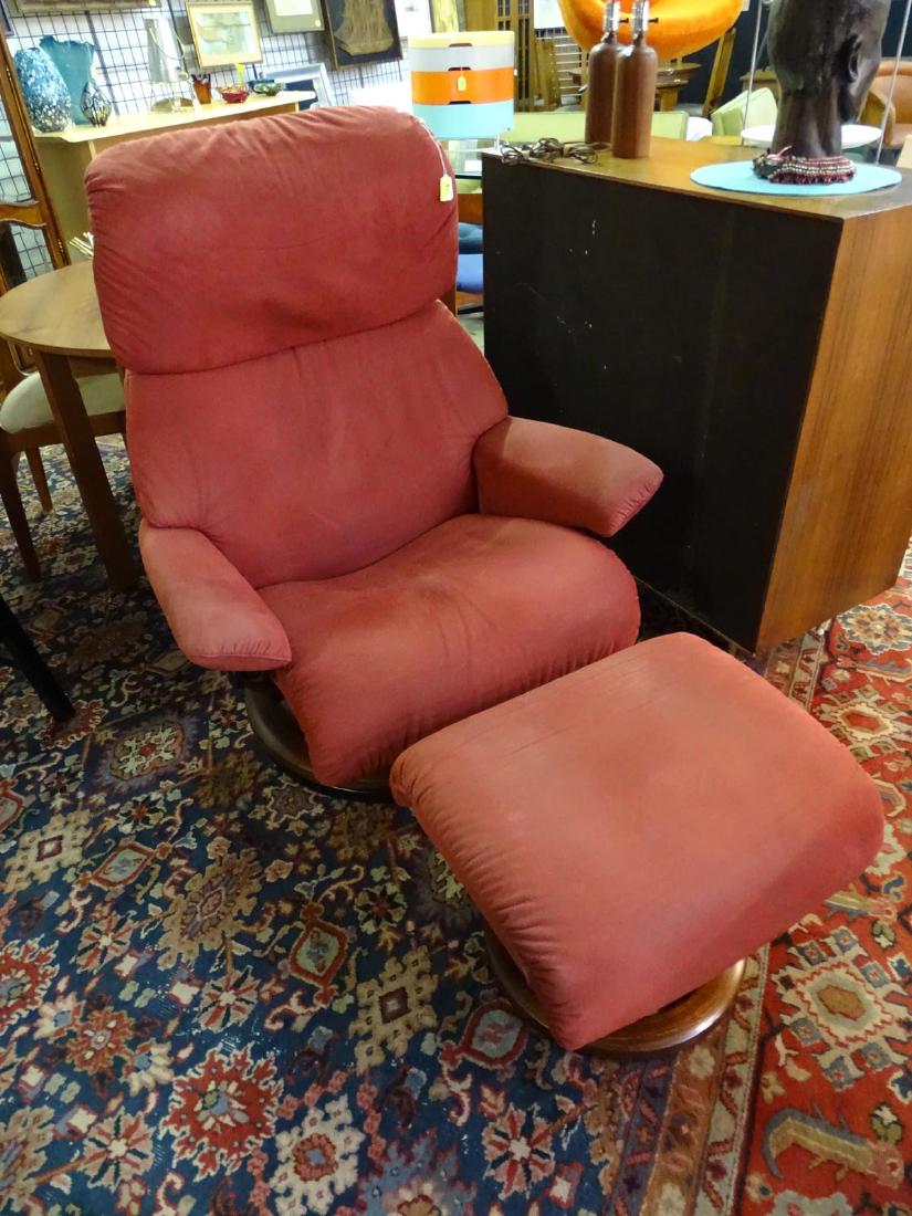 RED STRESSLESS RECLINER WITH OTTOMAN: MICRO FIBER SHOWS WEAR