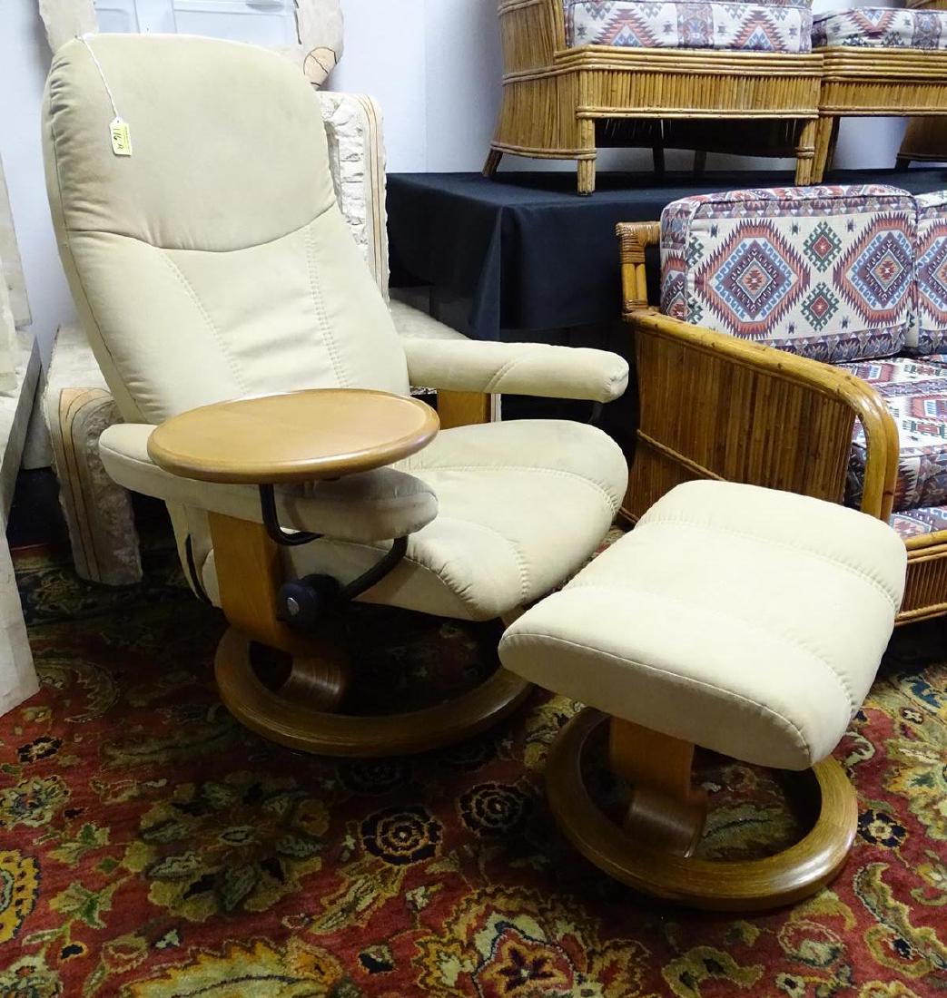 EKORNES STRESSLESS RECLINER WITH TABLE/OTTOMAN: MICRO FIBER SHOWS WEAR